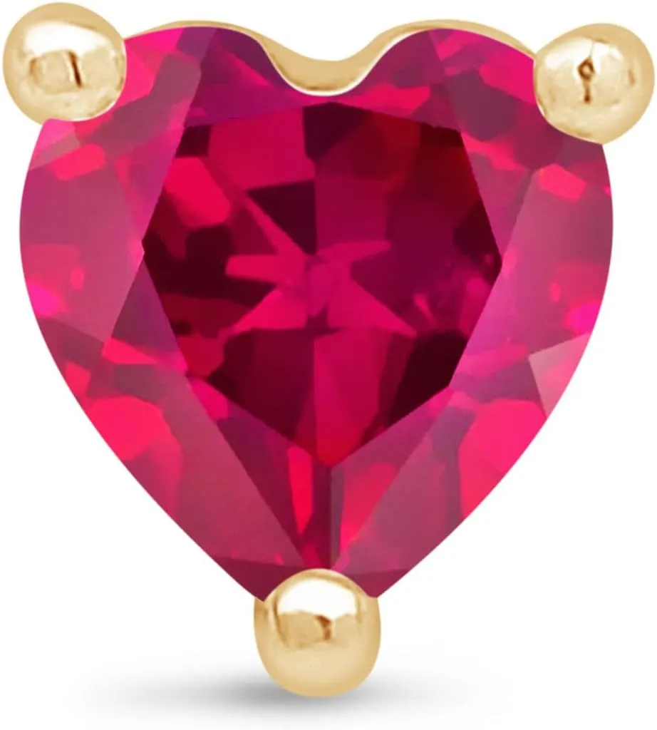 14K Gold Gemstone Heart Flat Back Earring CZ Stud Earring for Women Birthstone Threaded Earlobe Tragus Helix Piercing Jewelry 5mm Earring for Upper Ear Cartilage Piercings SINGLE STUD or PAIR