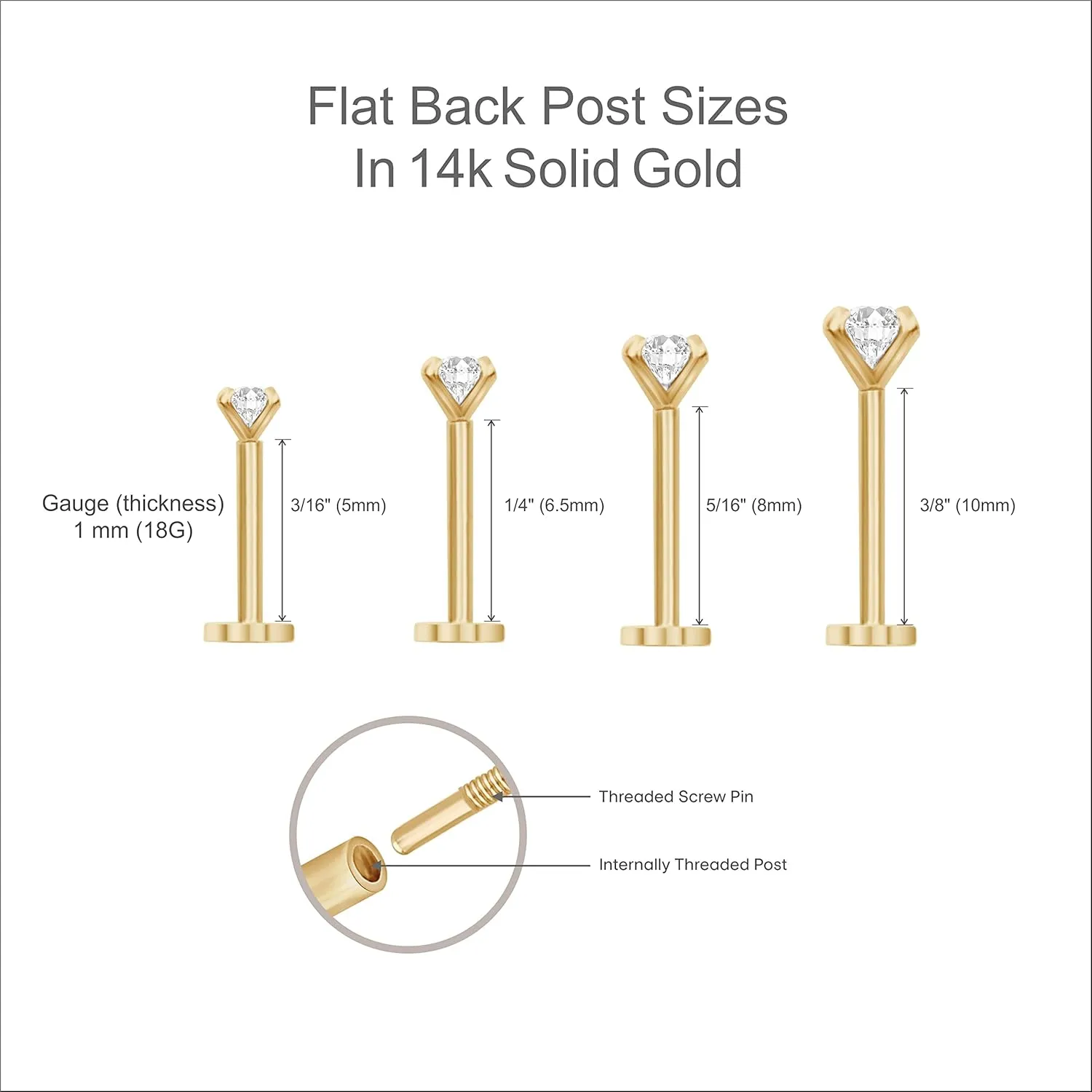 14K Gold Gemstone Heart Flat Back Earring CZ Stud Earring for Women Birthstone Threaded Earlobe Tragus Helix Piercing Jewelry 5mm Earring for Upper Ear Cartilage Piercings SINGLE STUD or PAIR