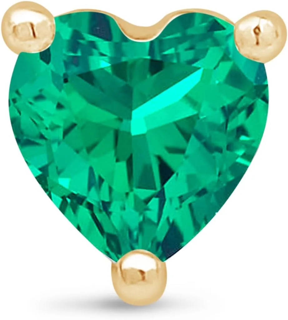 14K Gold Gemstone Heart Flat Back Earring CZ Stud Earring for Women Birthstone Threaded Earlobe Tragus Helix Piercing Jewelry 5mm Earring for Upper Ear Cartilage Piercings SINGLE STUD or PAIR