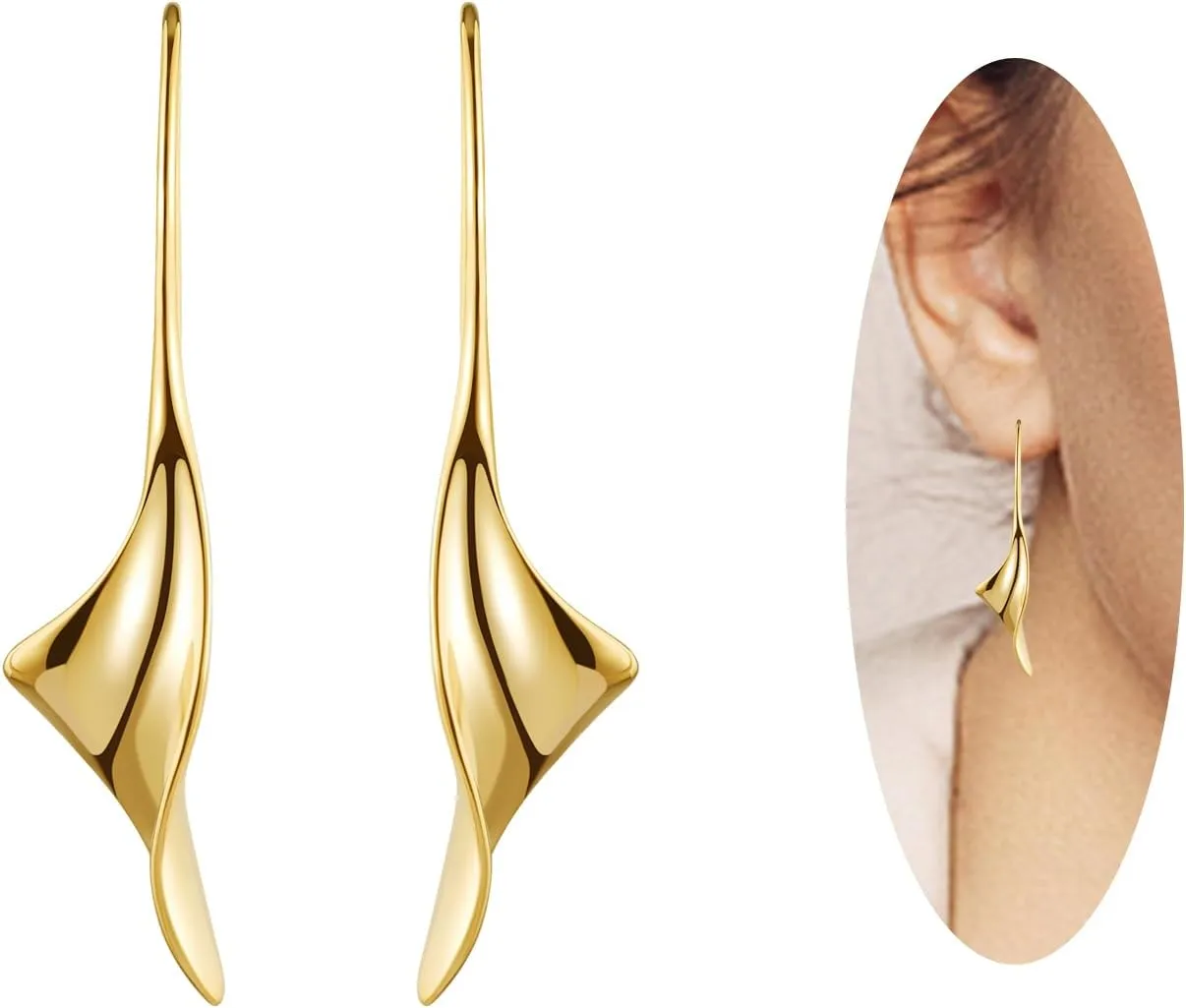 14K Gold Hoop Earrings for Women, Hypoallergenic Spiral Threader Gold Plated Dangle Earrings Fashion JewelryGift for Women