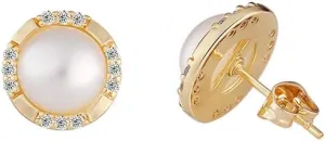 14k Gold Plated Brass Simulated Pearl Cutting Halo Stud Earrings with CZ