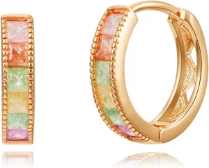 14K Gold Plated Cubic Zirconia Hoop Earrings,Three Row Diamon | Arrows | Double Row of Diamonds Huggie Earrings for Women