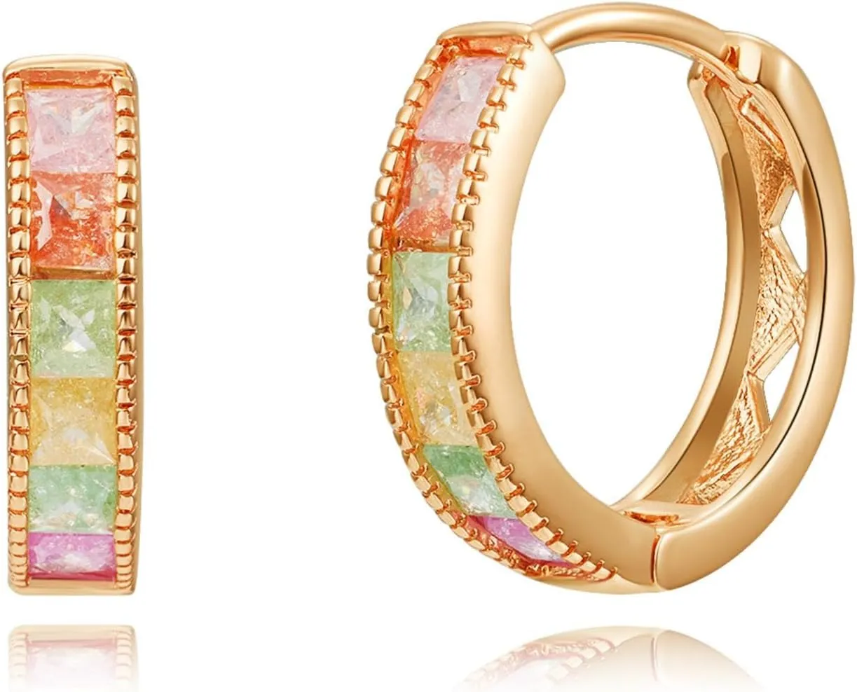 14K Gold Plated Cubic Zirconia Hoop Earrings,Three Row Diamon | Arrows | Double Row of Diamonds Huggie Earrings for Women