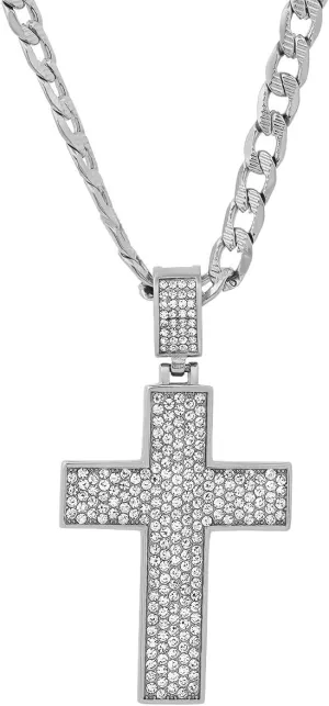 18K Gold Plated Double Sided Cross Pendant with Simulated Diamonds and 30" Cuban Link Chain Necklace