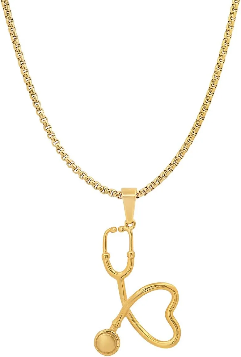 18K Gold Plated Stainless Steel Stethoscope Pendant Necklace