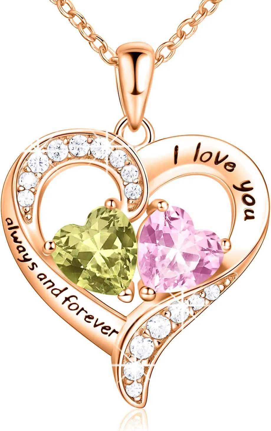 18K Rose Gold Heart Necklace, Valentine's Day Gifts, Jewelry for Women with 2 Birthstones, Customized Gifts for Mom Wife, I Love You Always and Forever, Gold, Cubic Zirconia