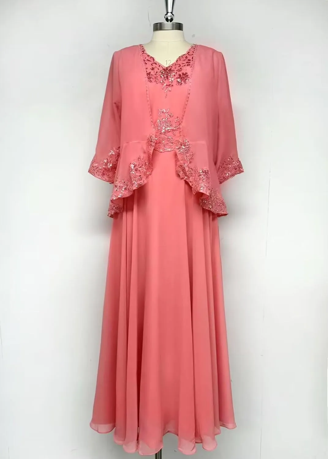 2 Piece Mother of The Bride Dresses Tea Length with Jacket Chiffon Lace Appliques Formal Evening Dress for Wedding