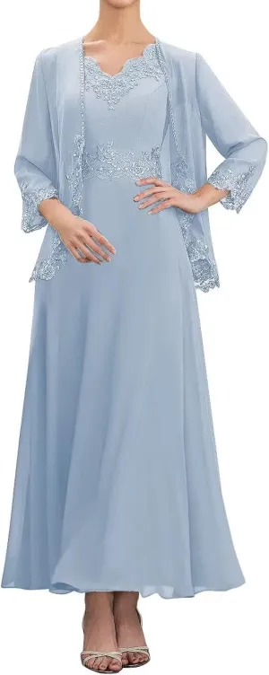 2 Piece Mother of The Bride Dresses Tea Length with Jacket Chiffon Lace Appliques Formal Evening Dress for Wedding
