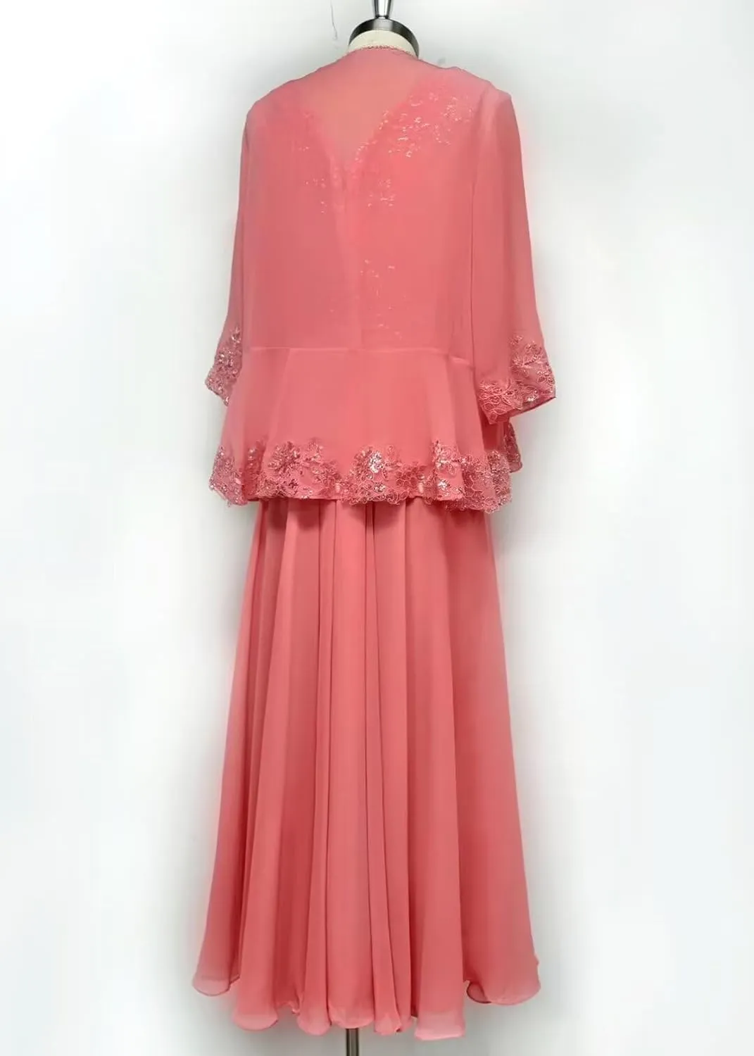 2 Piece Mother of The Bride Dresses Tea Length with Jacket Chiffon Lace Appliques Formal Evening Dress for Wedding
