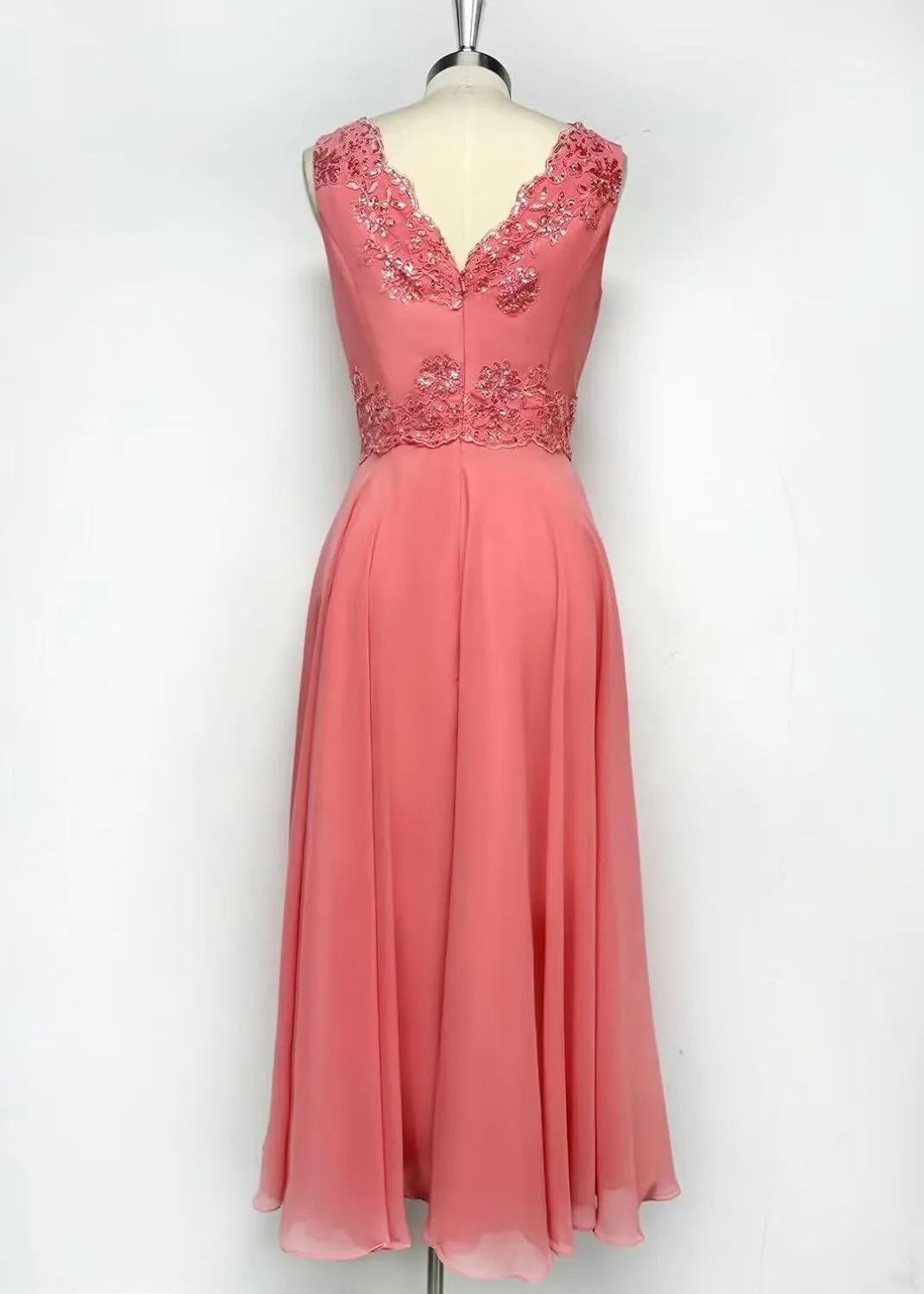 2 Piece Mother of The Bride Dresses Tea Length with Jacket Chiffon Lace Appliques Formal Evening Dress for Wedding