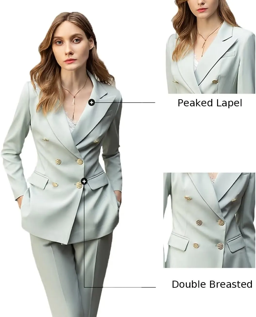 2 Piece Women's Peaked Lapel Classic Fit Outfit Double Breasted Formal Business Blazer Pant Suits
