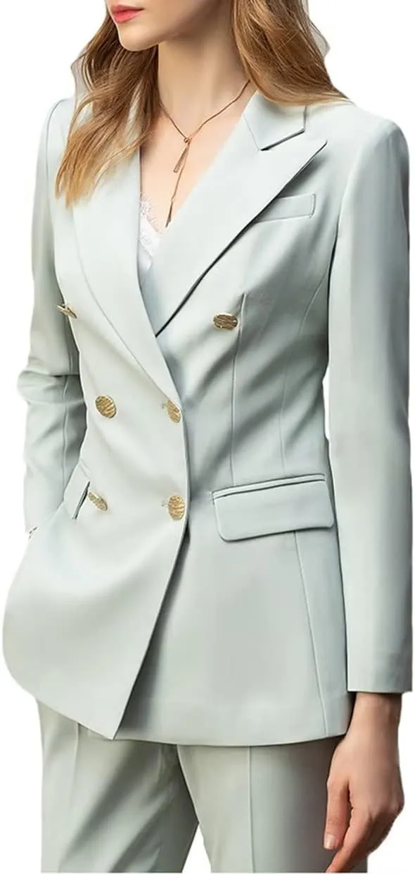 2 Piece Women's Peaked Lapel Classic Fit Outfit Double Breasted Formal Business Blazer Pant Suits