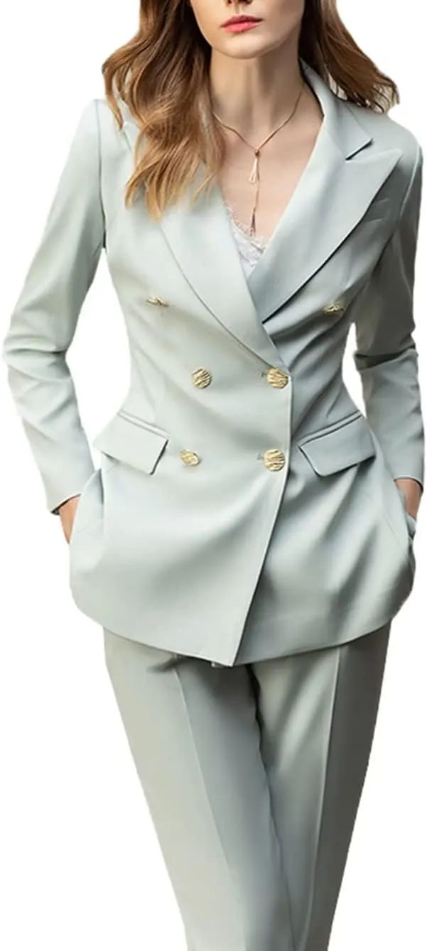 2 Piece Women's Peaked Lapel Classic Fit Outfit Double Breasted Formal Business Blazer Pant Suits
