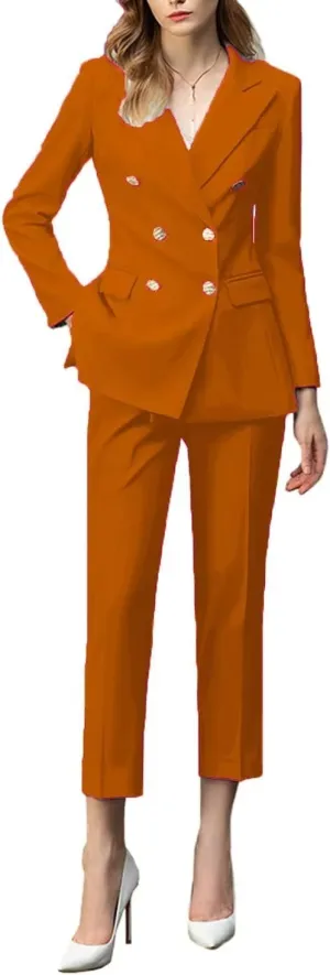 2 Piece Women's Peaked Lapel Classic Fit Outfit Double Breasted Formal Business Blazer Pant Suits