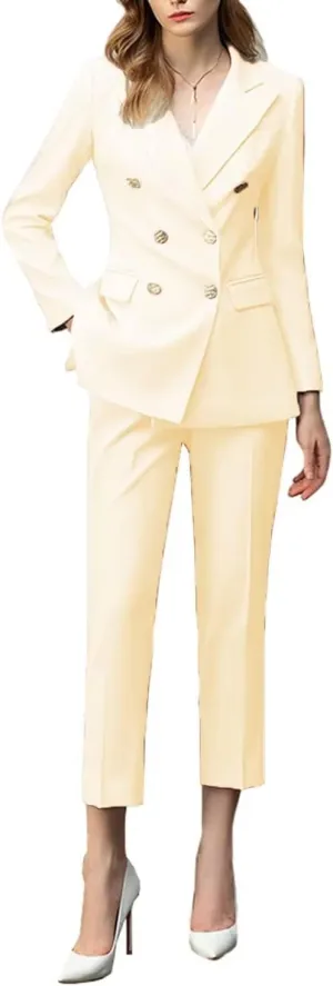 2 Piece Women's Peaked Lapel Classic Fit Outfit Double Breasted Formal Business Blazer Pant Suits