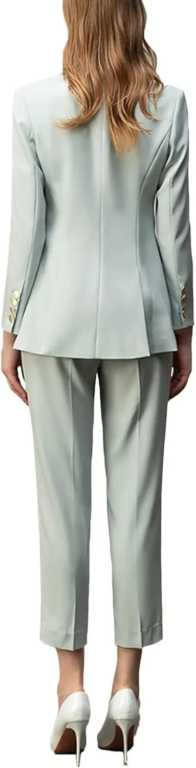 2 Piece Women's Peaked Lapel Classic Fit Outfit Double Breasted Formal Business Blazer Pant Suits