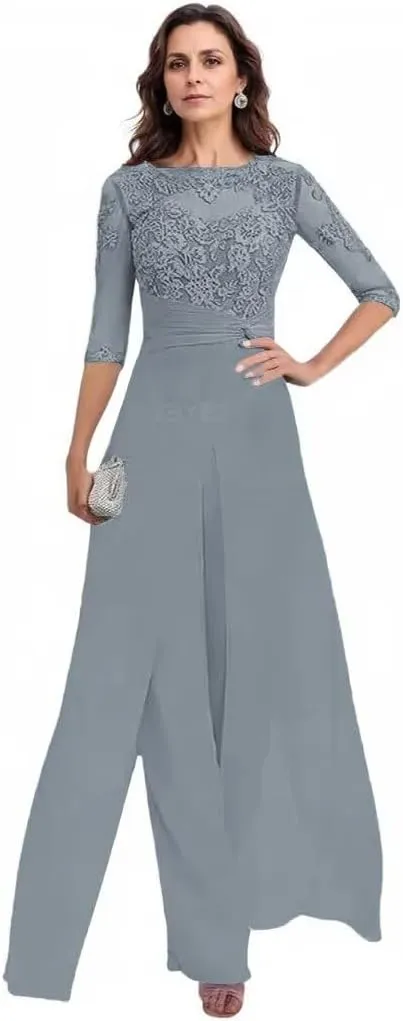 2 Pieces Pant Suits for Women Dressy 3/4 Sleeve Lace Applique Chiffon Mother of The Bride Pantsuits for Wedding Guest
