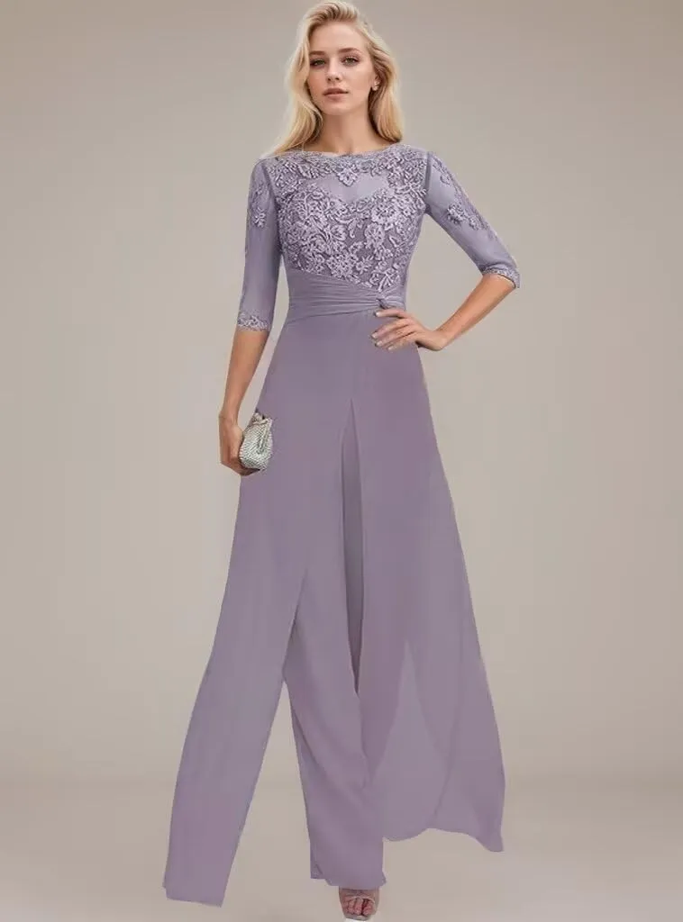 2 Pieces Pant Suits for Women Dressy 3/4 Sleeve Lace Applique Chiffon Mother of The Bride Pantsuits for Wedding Guest