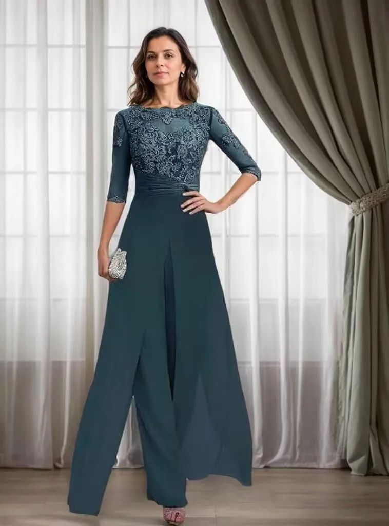 2 Pieces Pant Suits for Women Dressy 3/4 Sleeve Lace Applique Chiffon Mother of The Bride Pantsuits for Wedding Guest