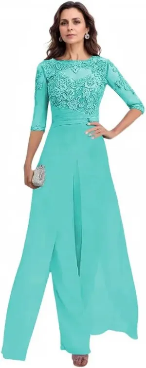 2 Pieces Pant Suits for Women Dressy 3/4 Sleeve Lace Applique Chiffon Mother of The Bride Pantsuits for Wedding Guest