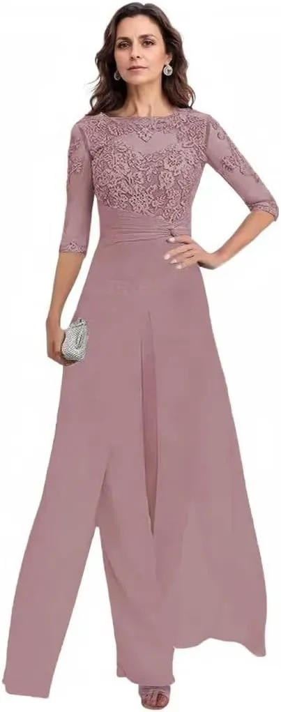 2 Pieces Pant Suits for Women Dressy 3/4 Sleeve Lace Applique Chiffon Mother of The Bride Pantsuits for Wedding Guest