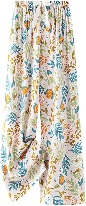 2024 Floral Printed Pants Women Casual Baggy Wide Leg Lounge Pants Loose Comfy Lightweight Elastic Waist Trousers with Pocket