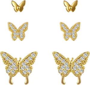 3 Pairs 14K Gold Plated 925 Sterling Silver Posts Bow Earrings for Women, Cubic Zirconia Bow Butterfly Stud Earrings Hypoallergenic Earrings Fashion Jewelry Gifts for Women