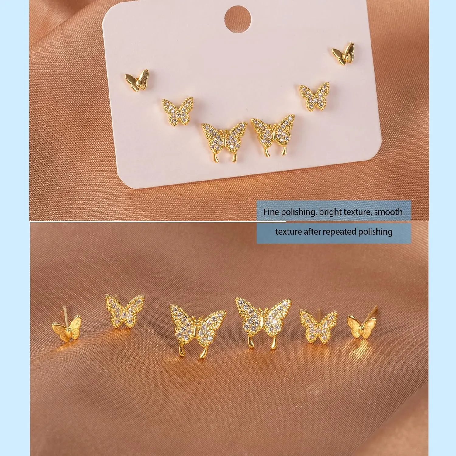 3 Pairs 14K Gold Plated 925 Sterling Silver Posts Bow Earrings for Women, Cubic Zirconia Bow Butterfly Stud Earrings Hypoallergenic Earrings Fashion Jewelry Gifts for Women