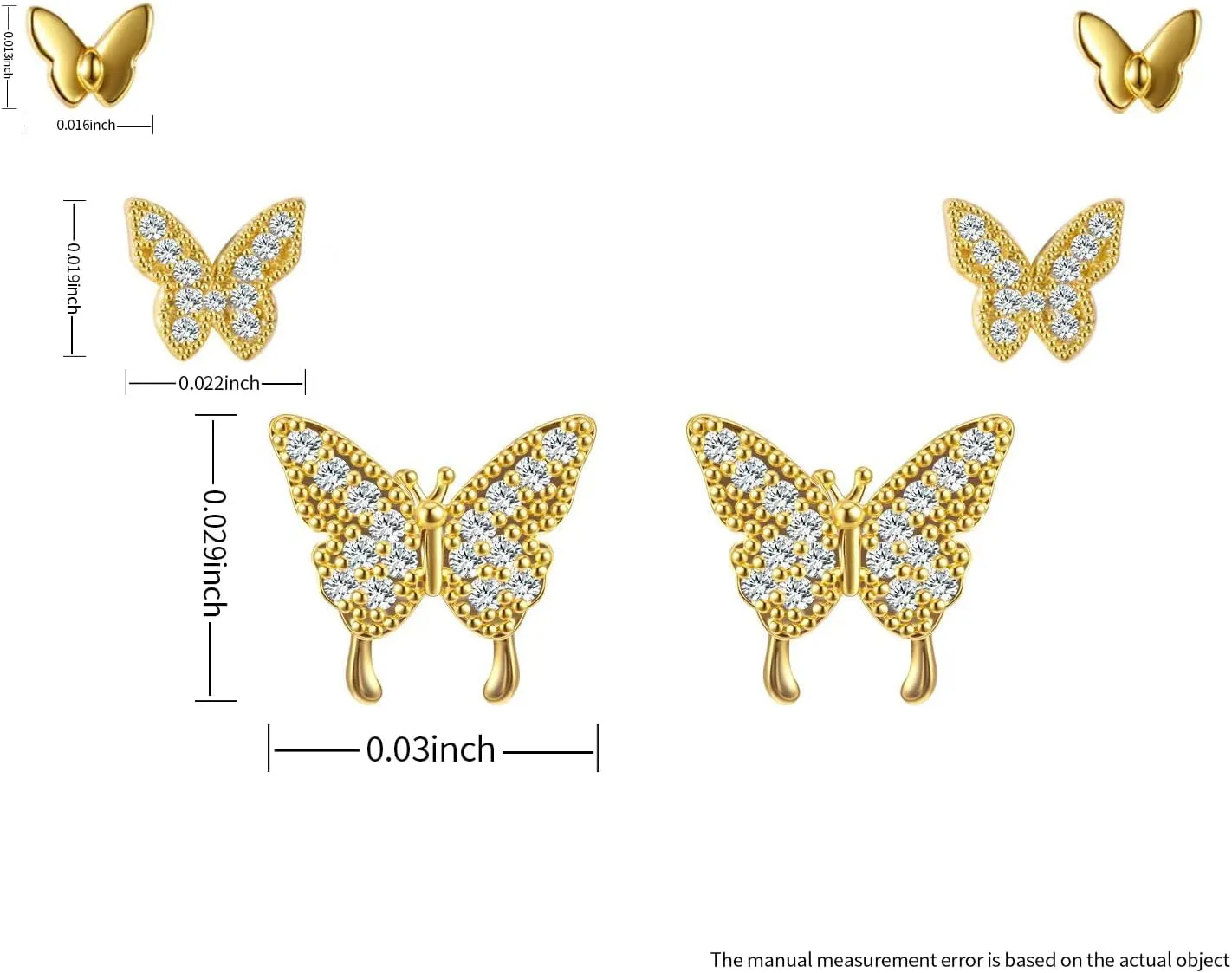3 Pairs 14K Gold Plated 925 Sterling Silver Posts Bow Earrings for Women, Cubic Zirconia Bow Butterfly Stud Earrings Hypoallergenic Earrings Fashion Jewelry Gifts for Women