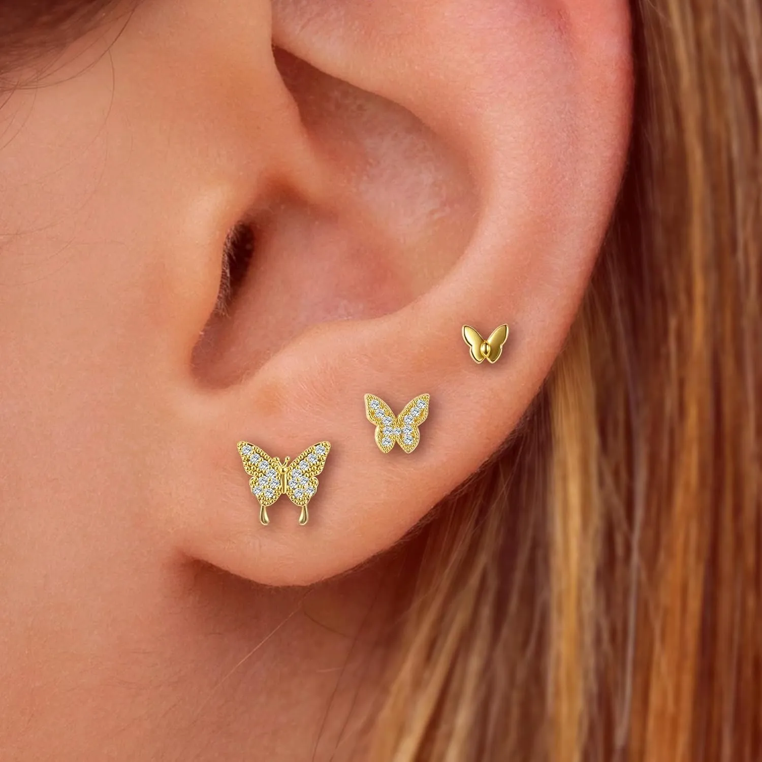 3 Pairs 14K Gold Plated 925 Sterling Silver Posts Bow Earrings for Women, Cubic Zirconia Bow Butterfly Stud Earrings Hypoallergenic Earrings Fashion Jewelry Gifts for Women
