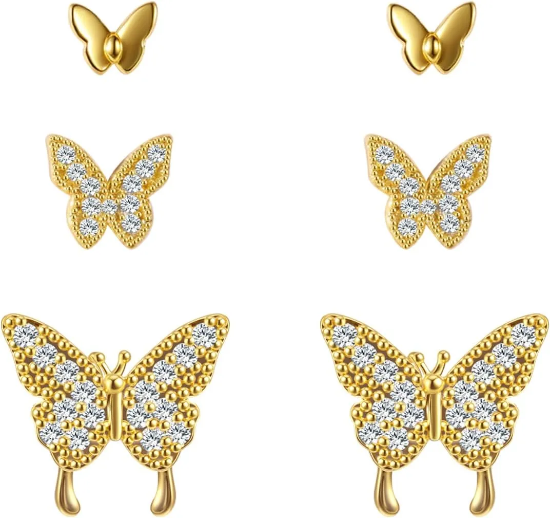 3 Pairs 14K Gold Plated 925 Sterling Silver Posts Bow Earrings for Women, Cubic Zirconia Bow Butterfly Stud Earrings Hypoallergenic Earrings Fashion Jewelry Gifts for Women