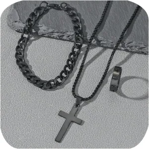 3 Pcs Man's Stainless Steel Cross Necklace Bracelet Ring Set Silver/Black Christian Gift Figaro Chain Necklace Crucifix Cross Pendant Cuban Chain Bracelet Hollow Cross Ring(Black)