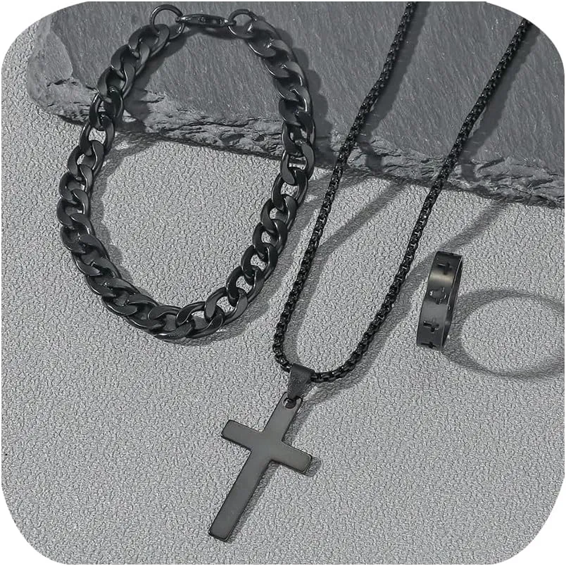 3 Pcs Man's Stainless Steel Cross Necklace Bracelet Ring Set Silver/Black Christian Gift Figaro Chain Necklace Crucifix Cross Pendant Cuban Chain Bracelet Hollow Cross Ring(Black)