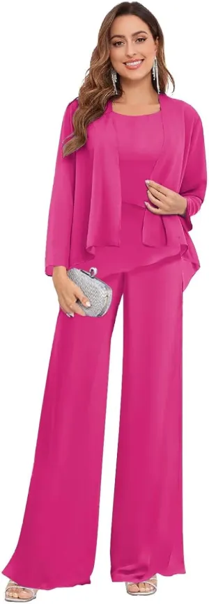 3 Piece Mother of The Bride Pant Suits for Wedding Chiffon Jackets Formal Pantsuits for Women Dressy