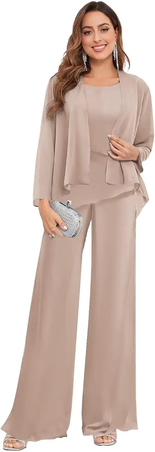 3 Piece Mother of The Bride Pant Suits for Wedding Chiffon Jackets Formal Pantsuits for Women Dressy