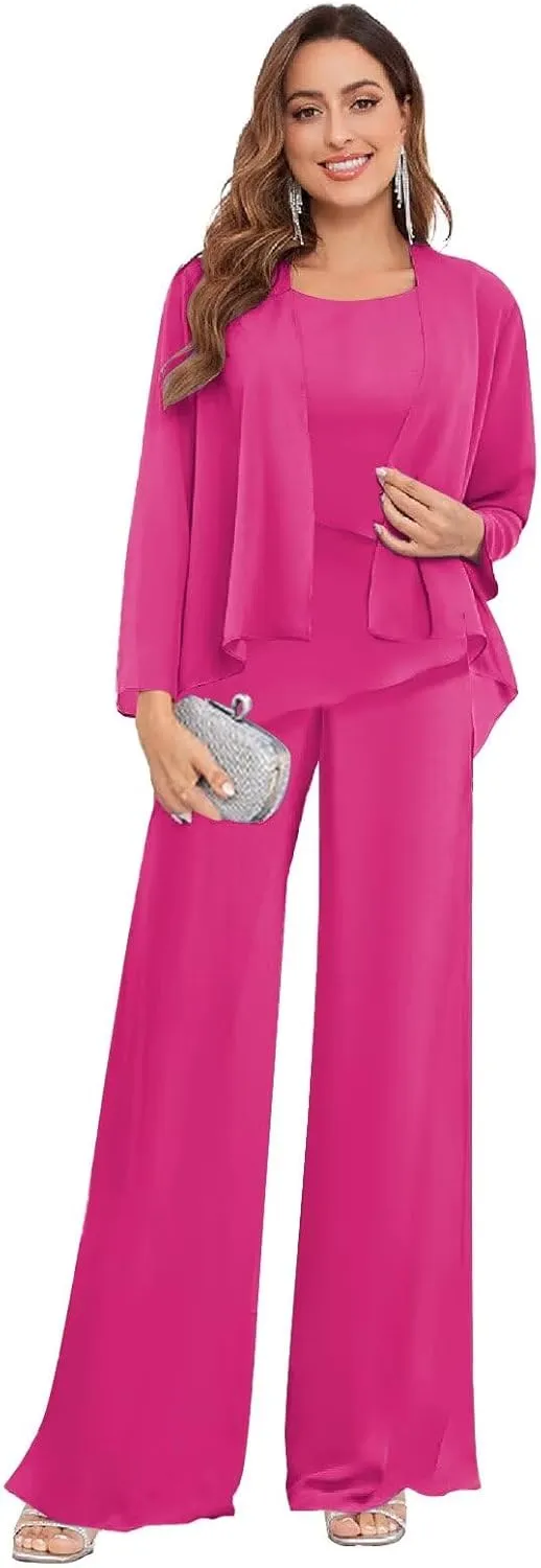3 Piece Mother of The Bride Pant Suits for Wedding Chiffon Jackets Formal Pantsuits for Women Dressy