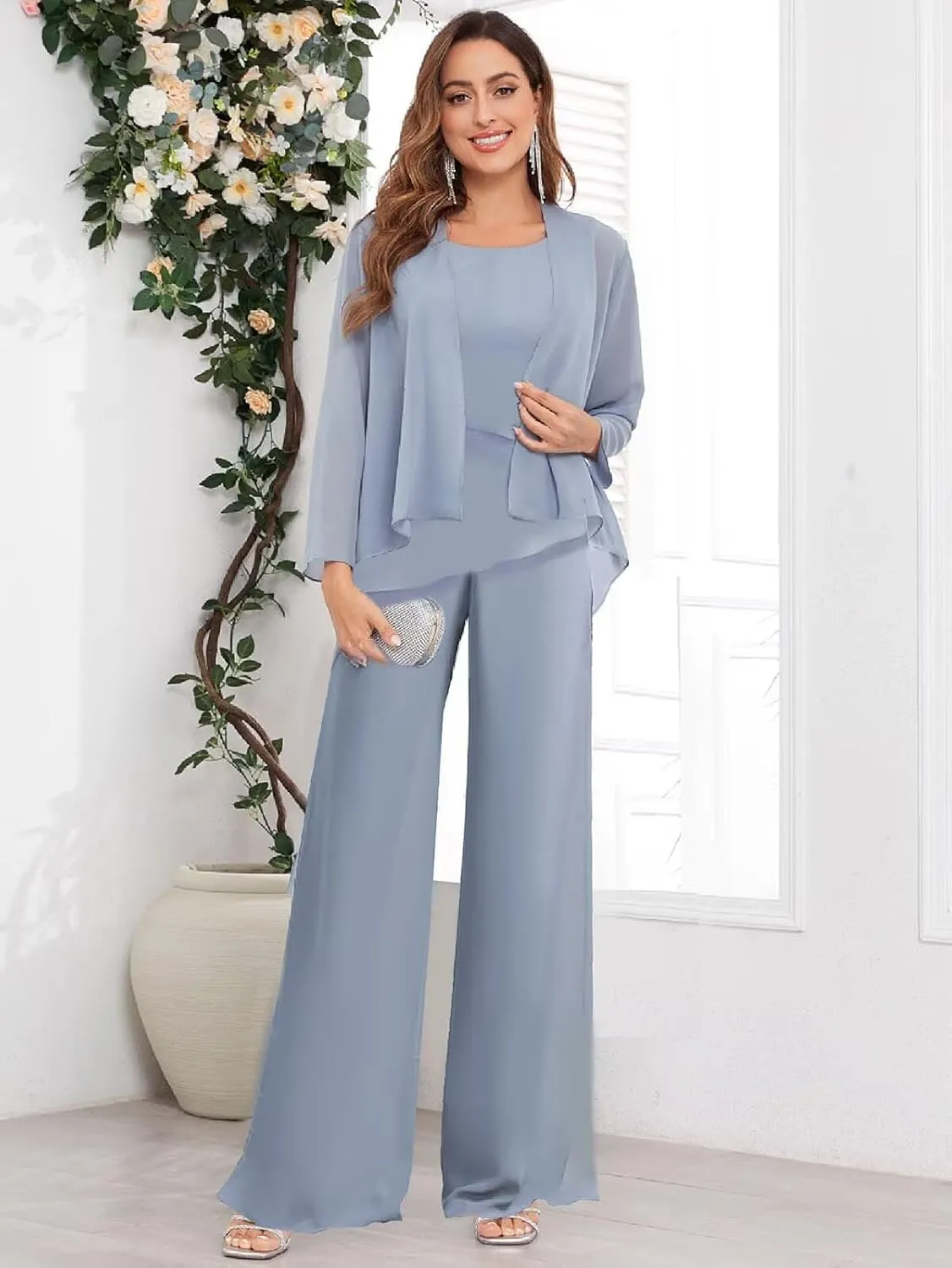3 Piece Mother of The Bride Pant Suits for Wedding Chiffon Jackets Formal Pantsuits for Women Dressy