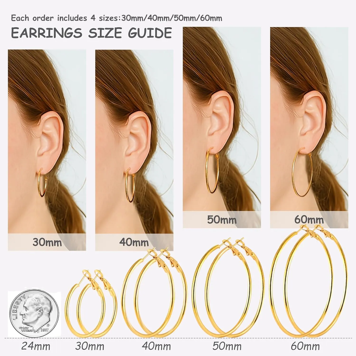 4 Pairs Stainless Steel Silver 14K Gold Plated Hoop Earrings for Women Hypoallergenic Big Thin Lightweight Dangle Set