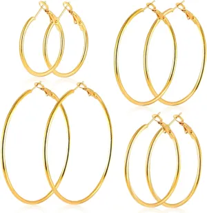 4 Pairs Stainless Steel Silver 14K Gold Plated Hoop Earrings for Women Hypoallergenic Big Thin Lightweight Dangle Set