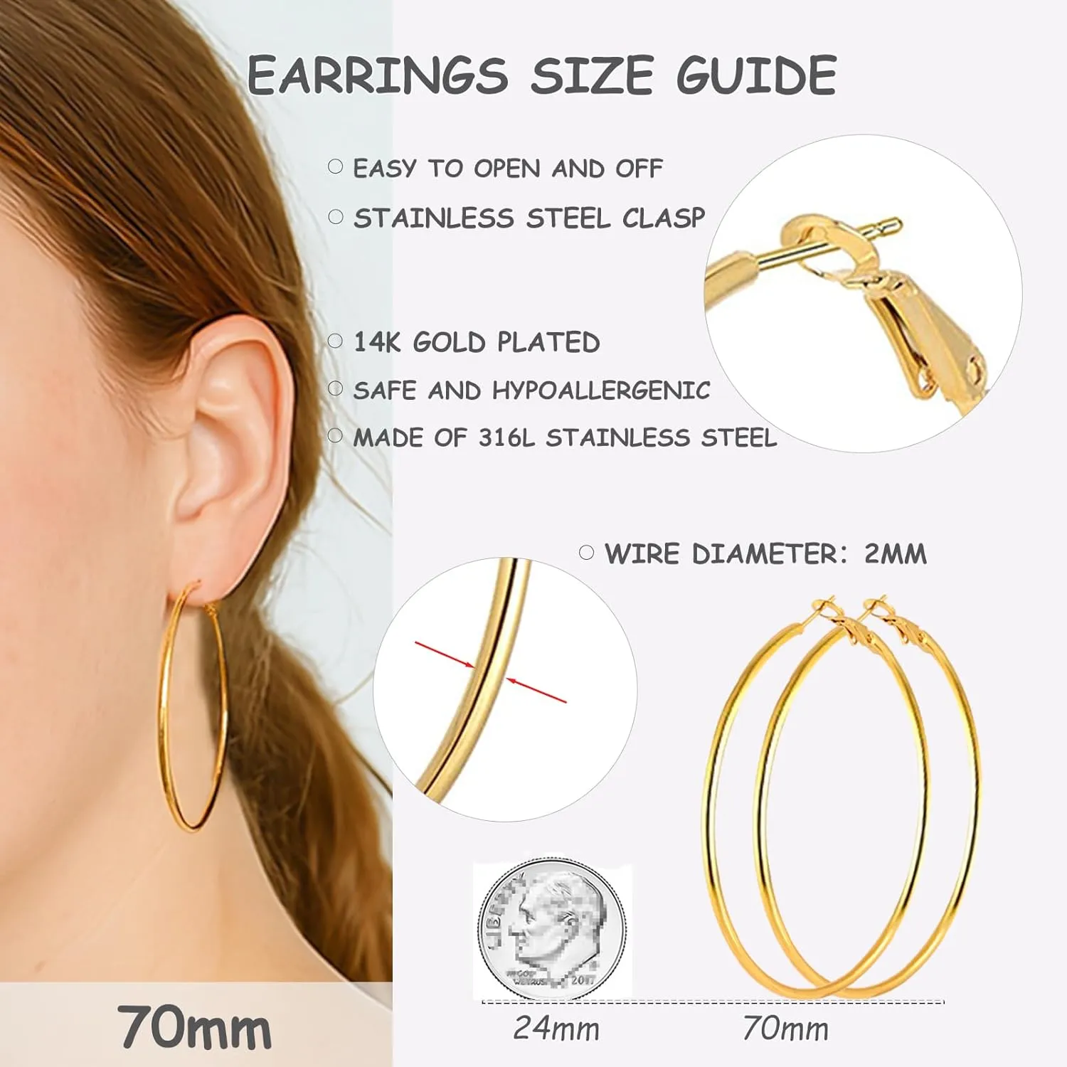 70mm Large Stainless Steel Silver 14K Gold Plated Hoop Earrings for Women Lightweight Hoops Hypoallergenic Big Thin Dangle