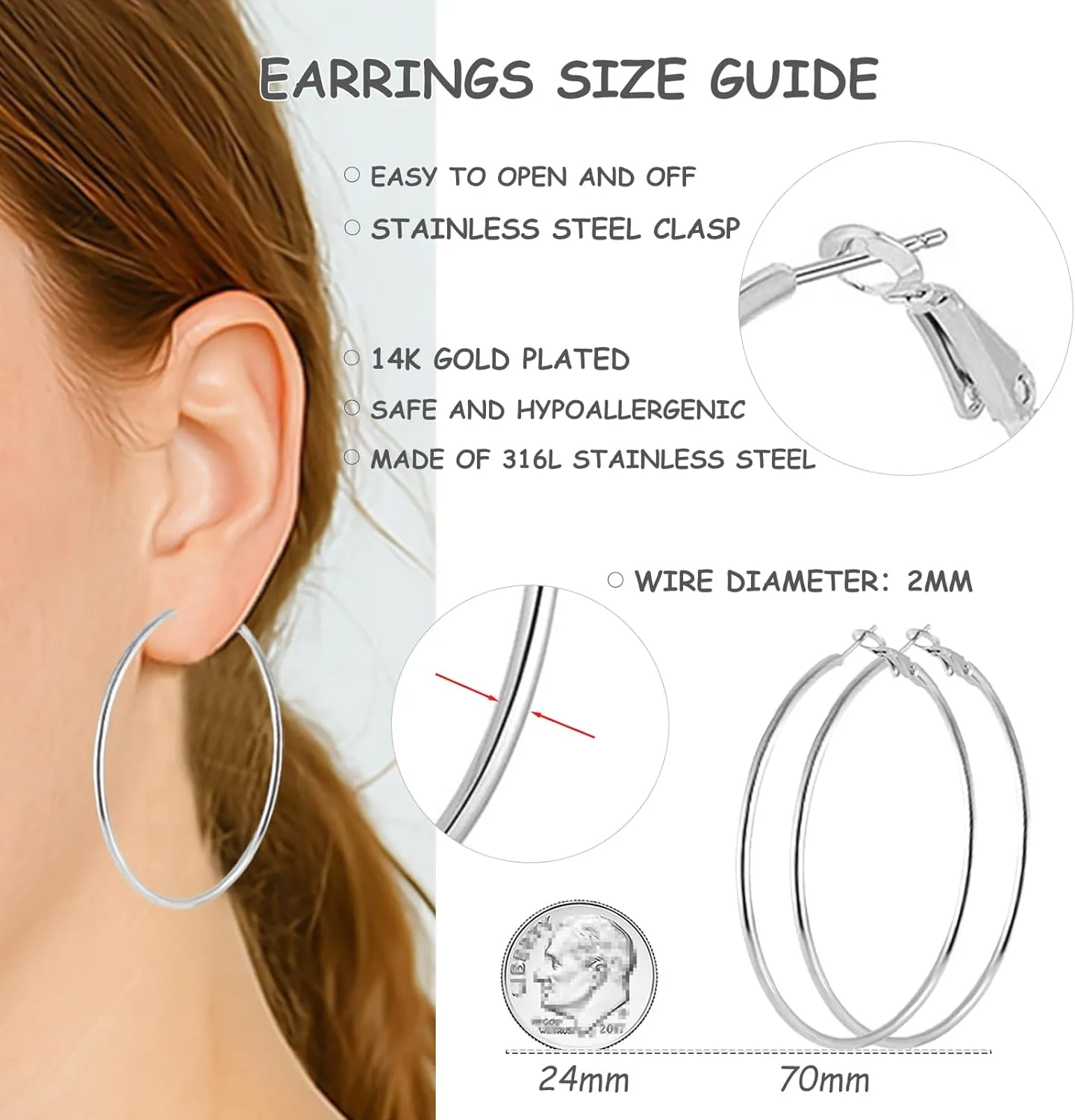 70mm Large Stainless Steel Silver 14K Gold Plated Hoop Earrings for Women Lightweight Hoops Hypoallergenic Big Thin Dangle