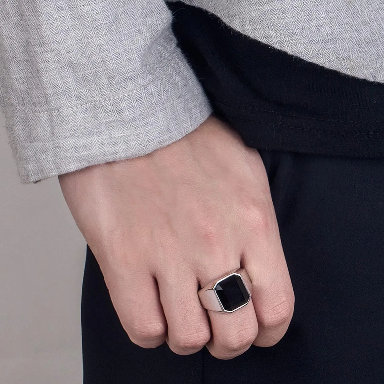 925 Sterling Silver Men Black Onyx Ring Square Circular Agate Signet Ring For Woman Index Finger Ring Sizes 6 to 13 For Band Mans Jewelry Gift For Him