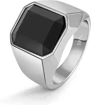 925 Sterling Silver Men Black Onyx Ring Square Circular Agate Signet Ring For Woman Index Finger Ring Sizes 6 to 13 For Band Mans Jewelry Gift For Him