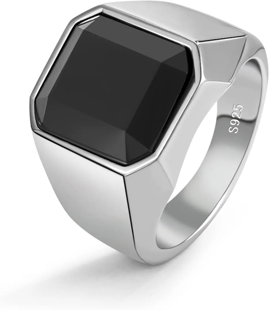 925 Sterling Silver Men Black Onyx Ring Square Circular Agate Signet Ring For Woman Index Finger Ring Sizes 6 to 13 For Band Mans Jewelry Gift For Him