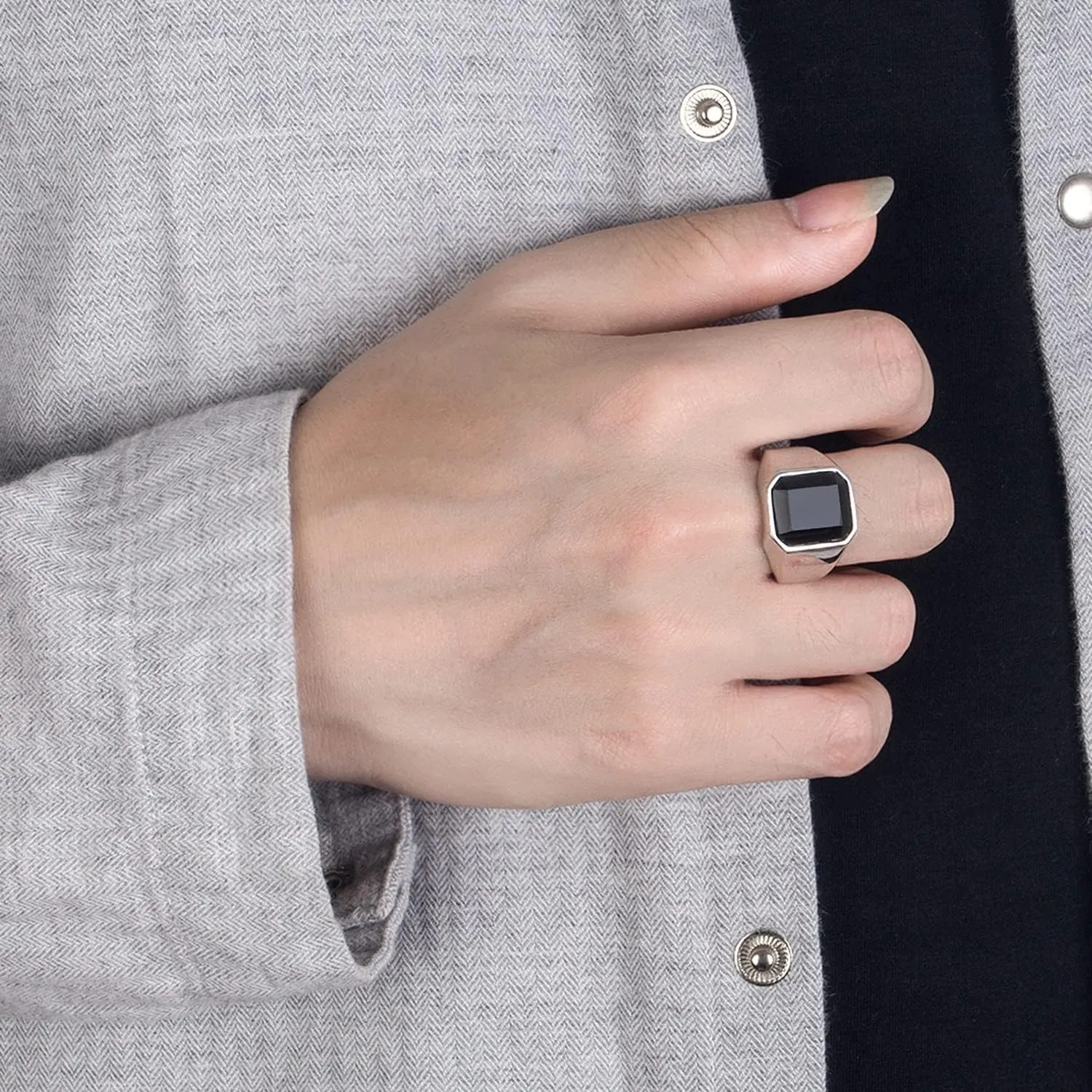 925 Sterling Silver Men Black Onyx Ring Square Circular Agate Signet Ring For Woman Index Finger Ring Sizes 6 to 13 For Band Mans Jewelry Gift For Him