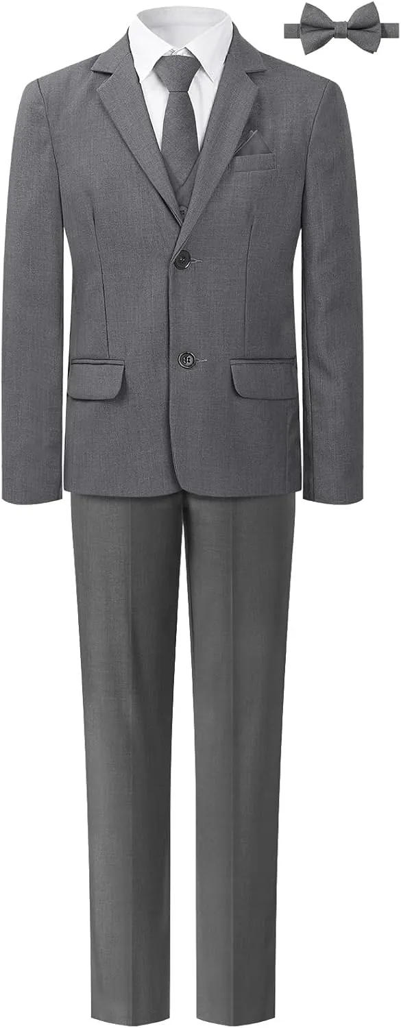 A&J DESIGN Boys 7-Piece Formal Suit Ring Bearer Outfit with Dress Shirt, Jacket, Vest, Pants, Tie, Bowtie and Pocket Square