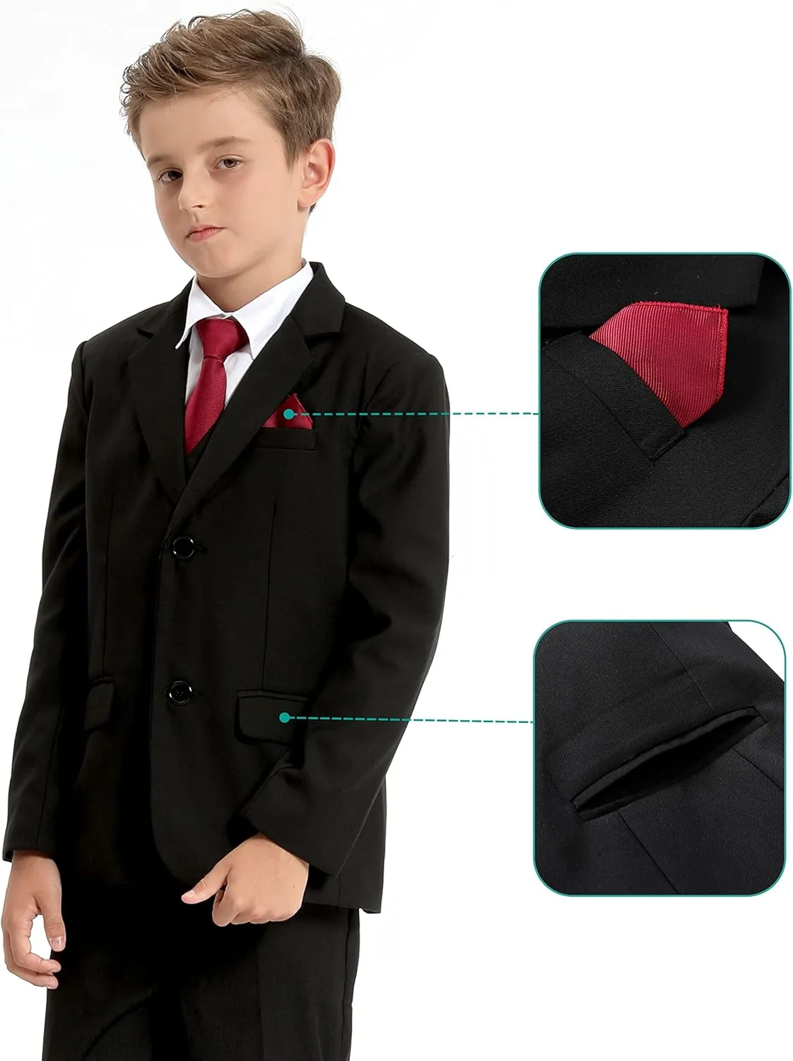 A&J DESIGN Boys 7-Piece Formal Suit Ring Bearer Outfit with Dress Shirt, Jacket, Vest, Pants, Tie, Bowtie and Pocket Square
