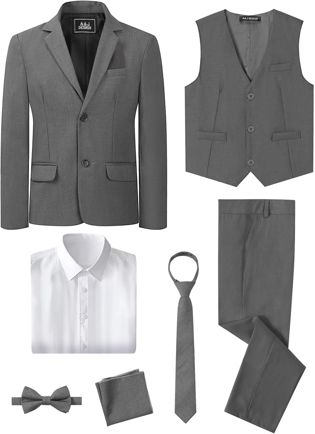 A&J DESIGN Boys 7-Piece Formal Suit Ring Bearer Outfit with Dress Shirt, Jacket, Vest, Pants, Tie, Bowtie and Pocket Square