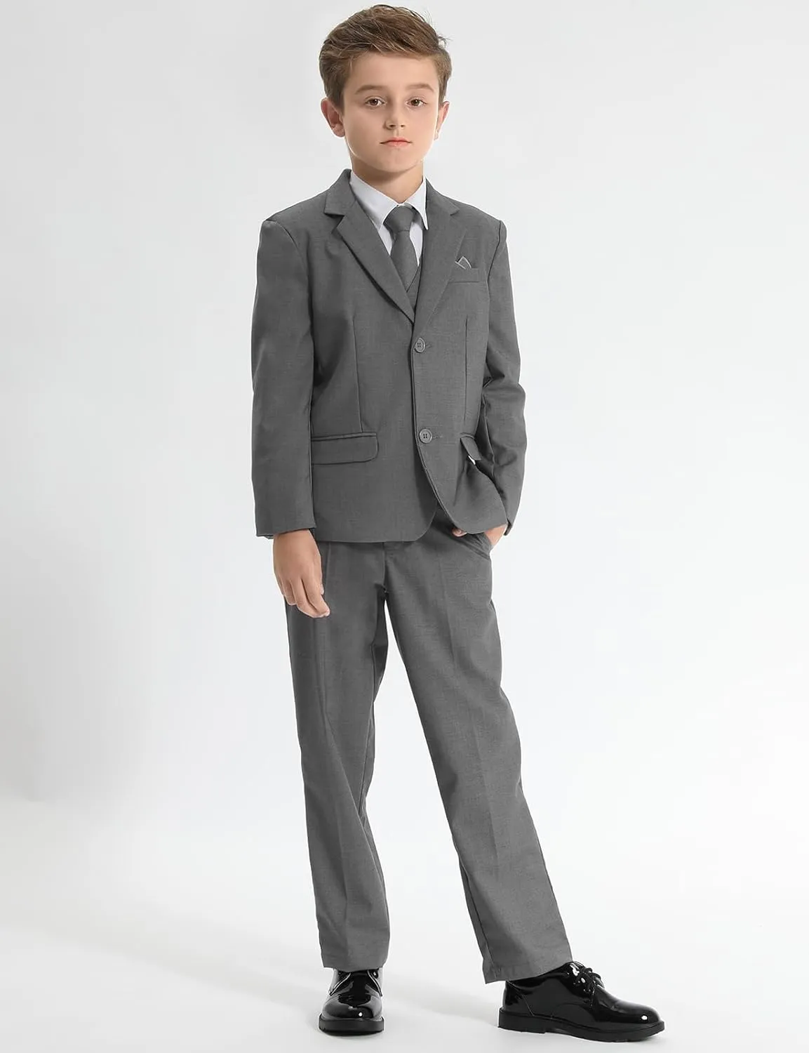 A&J DESIGN Boys 7-Piece Formal Suit Ring Bearer Outfit with Dress Shirt, Jacket, Vest, Pants, Tie, Bowtie and Pocket Square