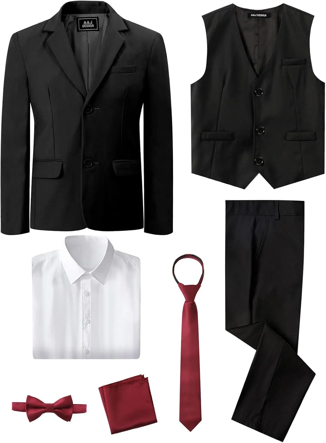 A&J DESIGN Boys 7-Piece Formal Suit Ring Bearer Outfit with Dress Shirt, Jacket, Vest, Pants, Tie, Bowtie and Pocket Square